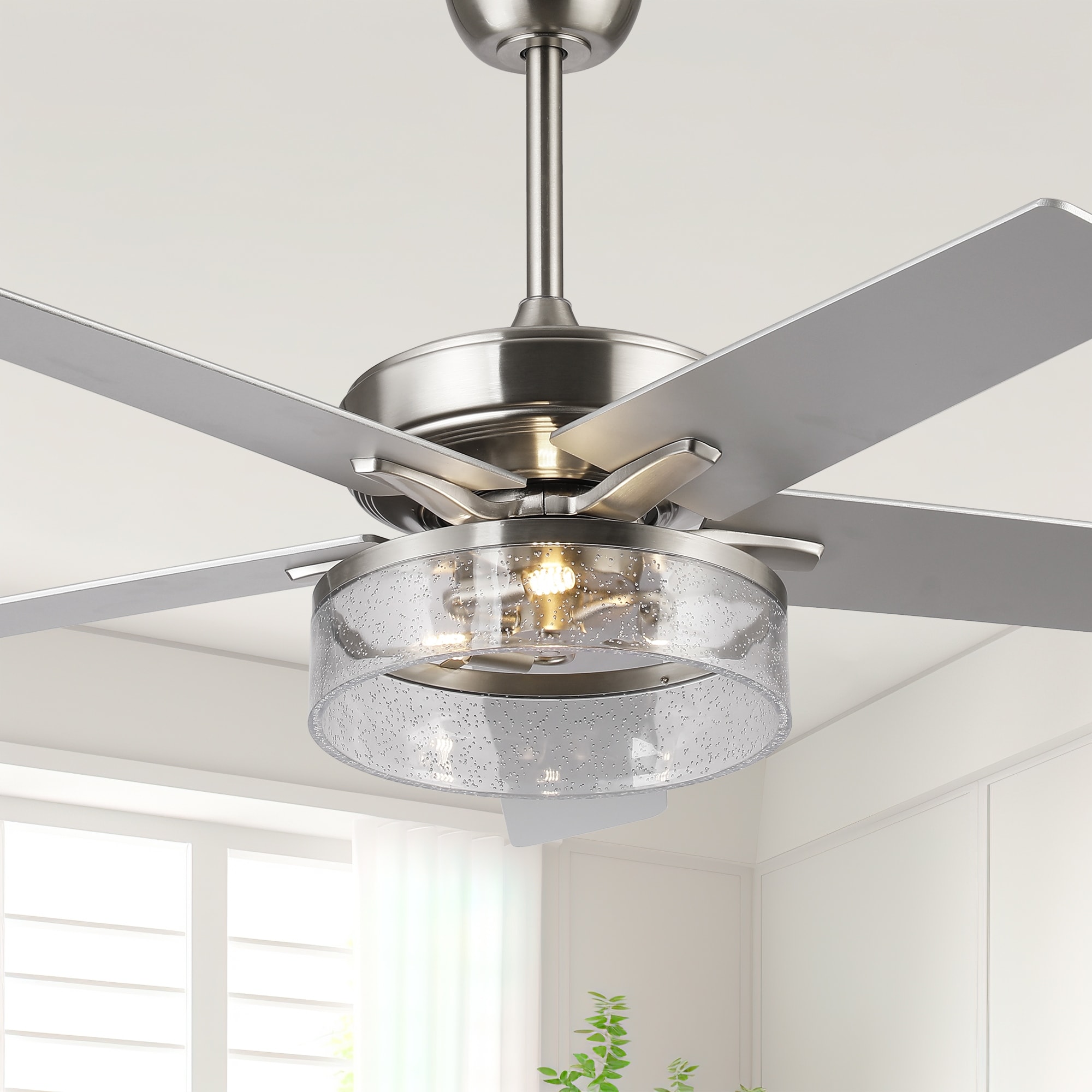 52-inch Modern Satin Nickel Bubble Shade Ceiling Fan with Light and Reversible Blades - 52'' W x 18.7" H