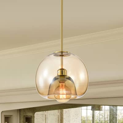 Mirka Brass Pendant Ceiling Lamp with Amber Impressed Glass Shade