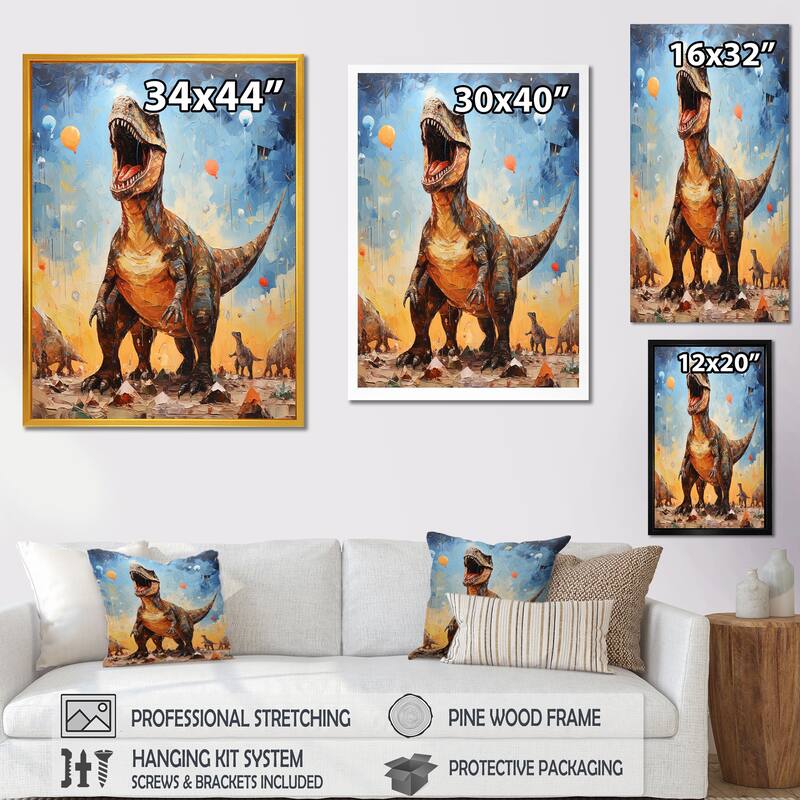 Designart "Pop Art Dino Explosion" Dinosaur Wall Decor Grey - Modern Hallway Framed Wall Art Decor