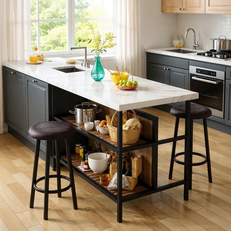 Grondin Mid-Century Modern 3-Piece Faux Marble Top Kitchen Island Set with 2 Stools and Shelves