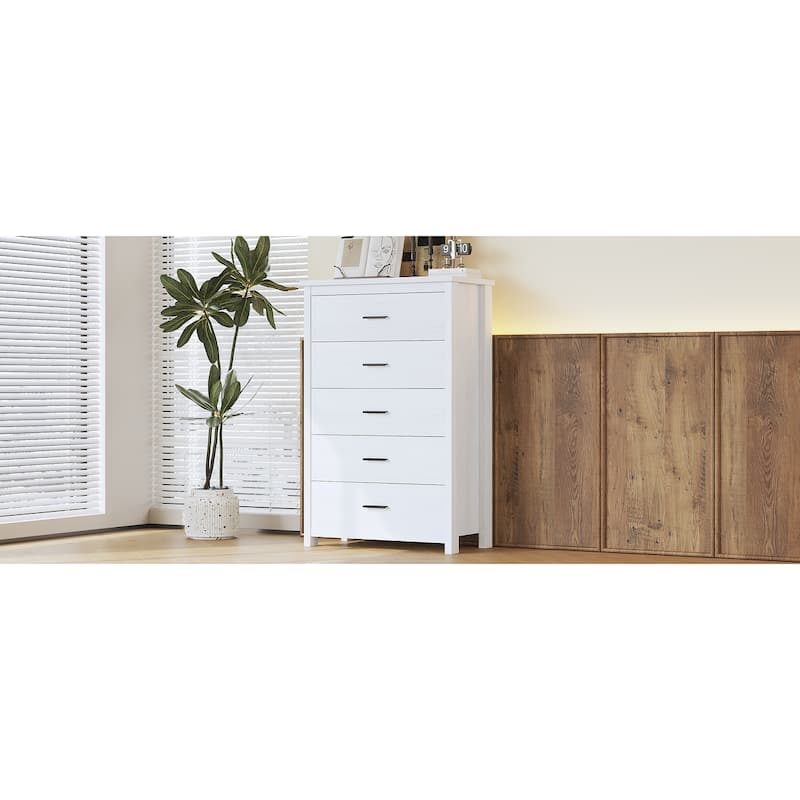 5 Drawer Tall Wooden Dresser, Large Capacity Clothing Storage Cabinet, Decorative Cabinet with Metal Handles and Wooden Legs