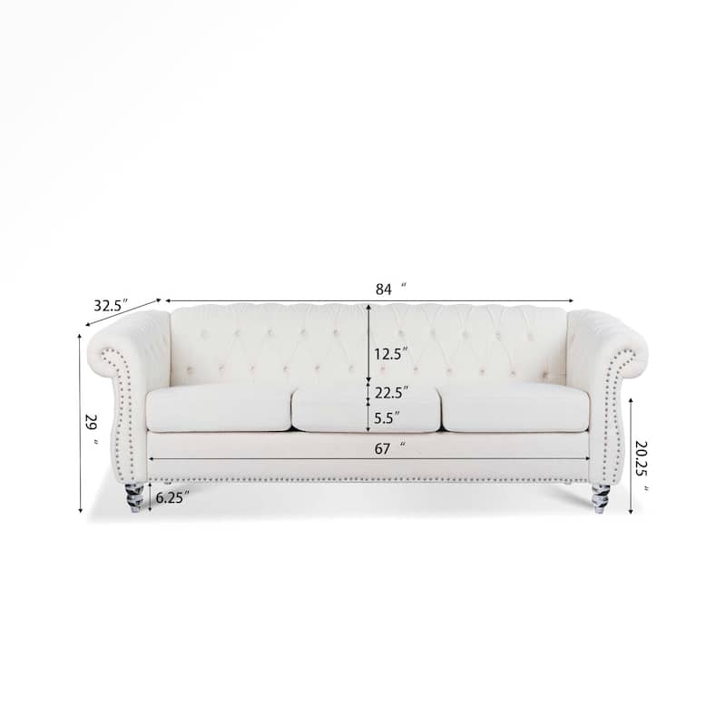 84" White Rolled Arm Chesterfield 3 Seater Sofa Couch