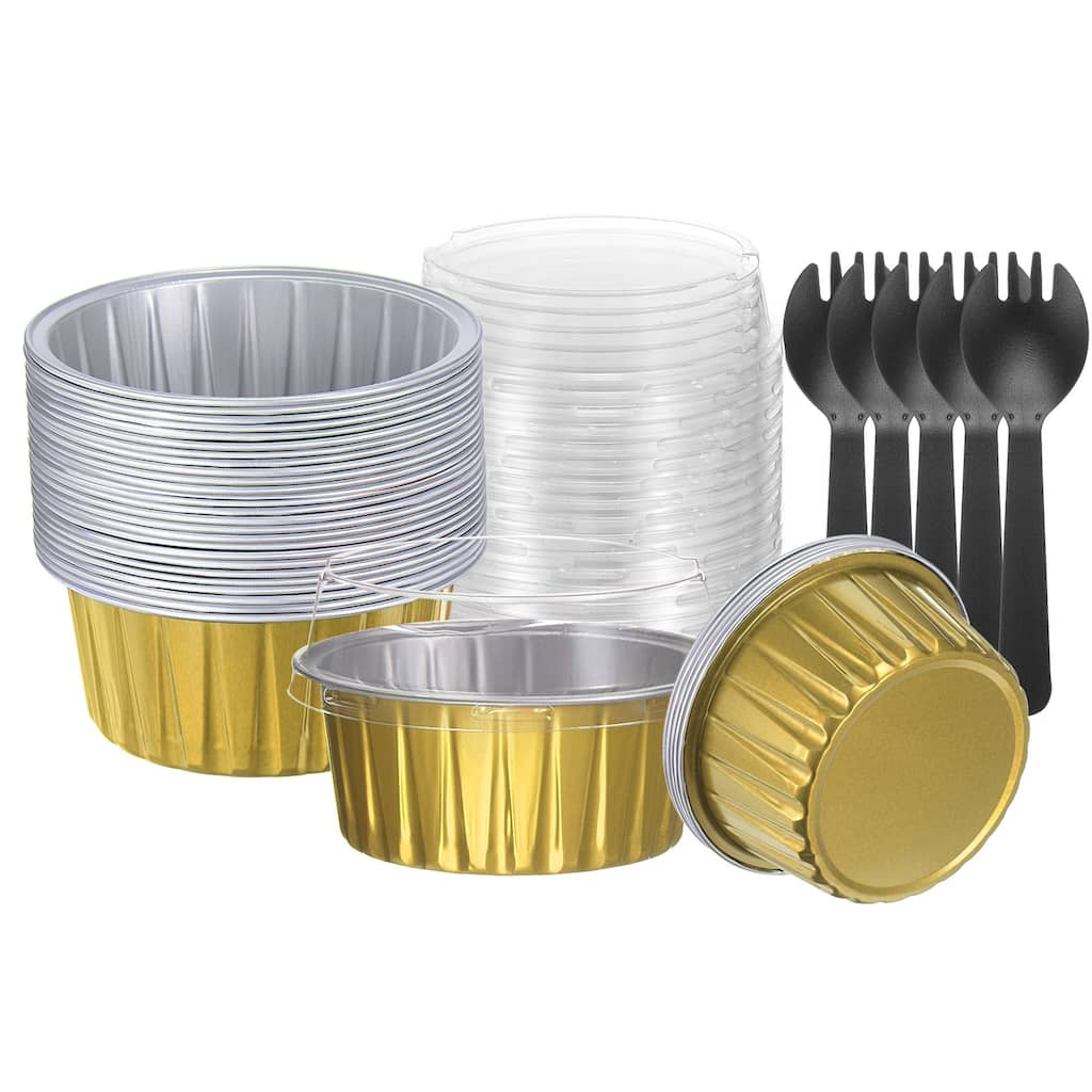 50pcs Cupcake Liners 5oz Aluminum Foil Baking Cups with Lids Forks - Golden