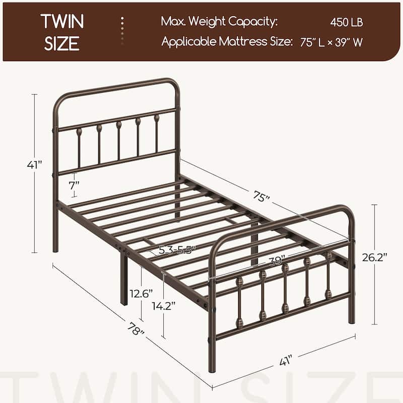 Yaheetech Classic Iron Platform Bed with High Headboard and Footboard Strong Metal-Framed Bed