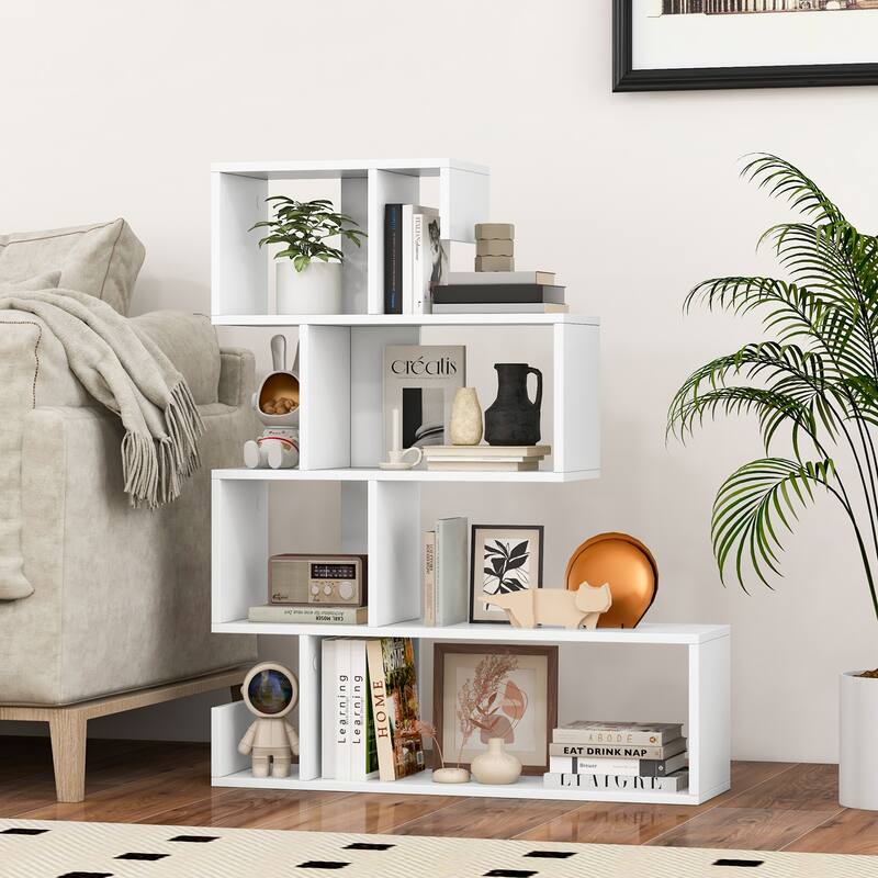 Modern Freestanding S-Shaped Geometric Bookshelf with Vertical Storage for Books and Decor - 31.5" x 8.5" x 39.5" (L x W x H)