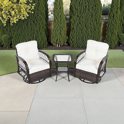 3-Piece Outdoor Patio Set with Two 360° Swivel Rattan Chairs and Tempered Glass Square Table