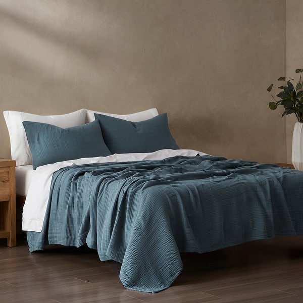 slide 2 of 4, HiEnd Accents 100% Cotton Voile Muslin Gauze Soft and Lightweight 3 Piece Blanket Set Full/Queen - Storm Blue
