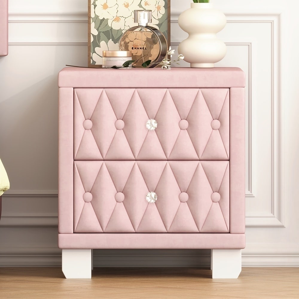Elegant Velvet Nightstand with 2 Drawers and Crystal Handle
