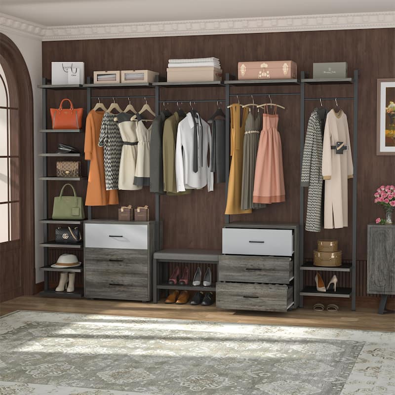 96'' Closet Organizer System with 6 Drawers, Clothing Rack Wardrobe Closet Garment Rack for Walk In Closets