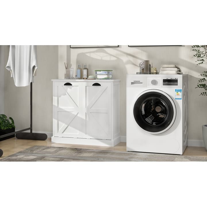 Two-Compartment Tilt-Out Laundry Sorter Cabinet-White