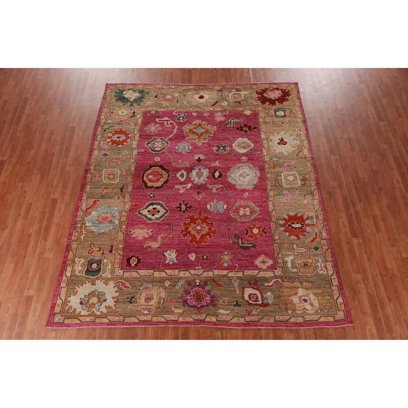 Hand Knotted Oriental 100% Wool Carpet Transitional All-Over Pink Oushak Area Rug - 9' 9'' X 8' 0''