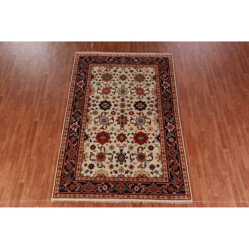 Hand Knotted Oriental 100% Wool Carpet Traditional Geometric Beige & Ivories Heriz (serapi) Area Rug - 9' 1'' X 6' 0''