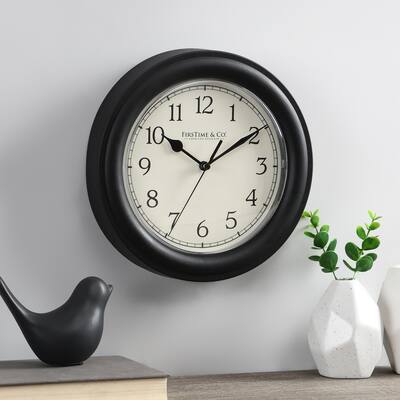 FirsTime & Co. Black Essential Wall Clock, American Crafted, Black, Plastic, 8.5 x 2 x 8.5 in
