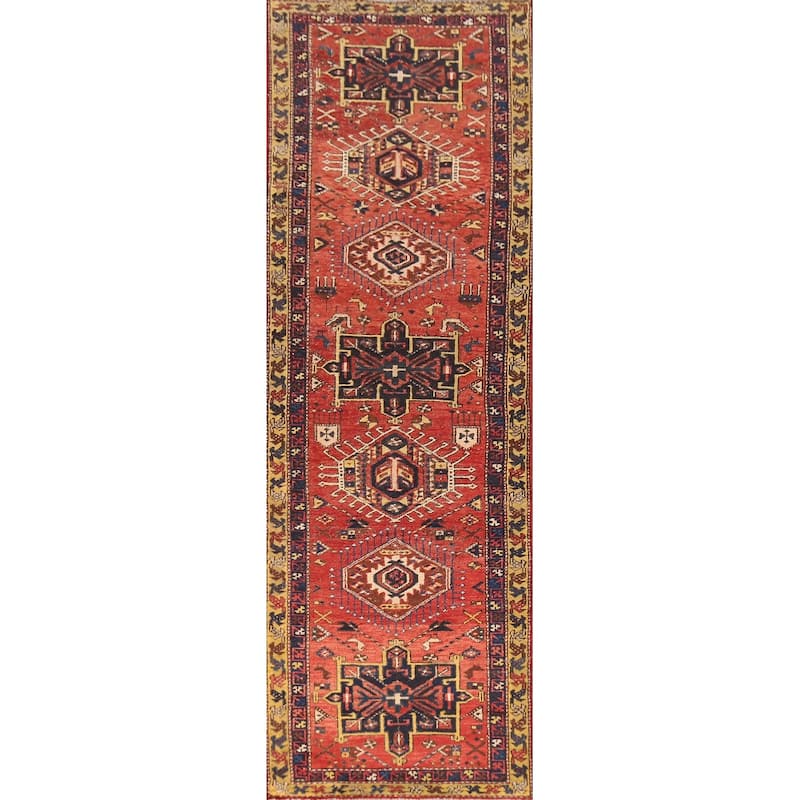Hand Knotted Oriental 100% Wool Carpet Traditional Geometric Oranges & Rust Heriz Runner Rug - 10' 4'' X 2' 7''