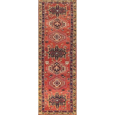Hand Knotted Oriental 100% Wool Carpet Traditional Geometric Oranges & Rust Heriz Runner Rug - 10' 4'' X 2' 7''
