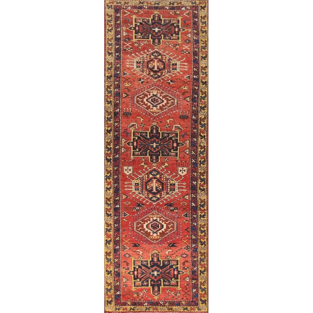 Hand Knotted Oriental 100% Wool Carpet Traditional Geometric Oranges & Rust Heriz Runner Rug - 10' 4'' X 2' 7''