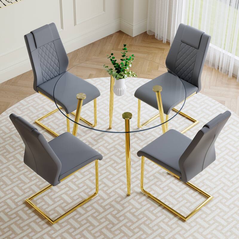 Modern Style Dining Set with Round Transparent Tempered Glass Table and PU High Back Dining Chairs
