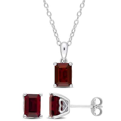 Miadora 3 3/4ct TGW Emerald-Cut & Octagon Garnet Solitaire Necklace & Stud Earrings Set Sterling Silver