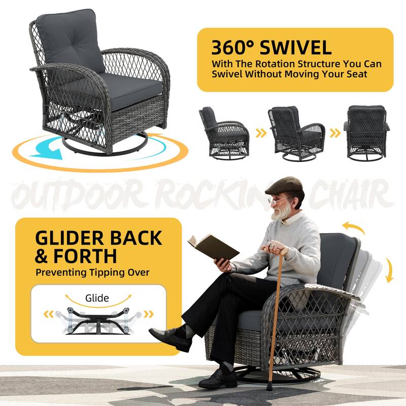 UPHA 6-Piece Patio Outdoor Wicker Swivel Rocking Chair Set with Side Table and Cushions