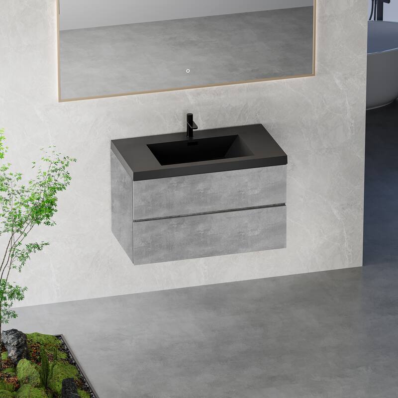 Modern Wall-Mounted Bathroom Vanity in Gray with Black Quartz Sand Top