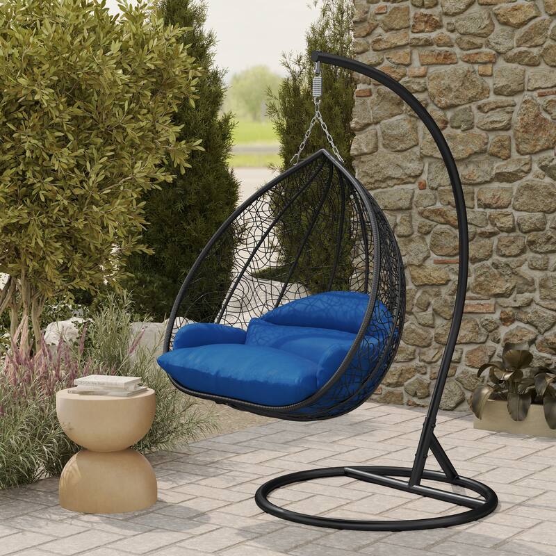 2-Person Outdoor Hanging Egg Chair with Teardrop Frame, Weather-Resistant Cotton Cushioned Seat for Patio and Indoor Use