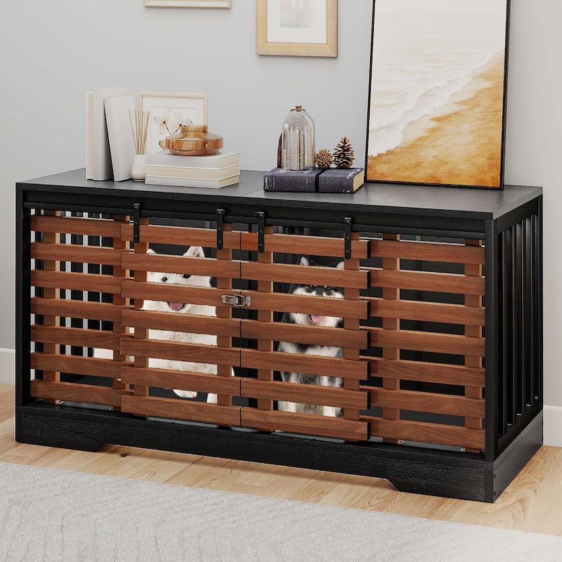 Moasis 71" Double Dog Crate Furniture for 2 Dogs with Sliding Fence Door,Heavy Duty Dual Dog Kennel TV Stand Large Dogs - Brown