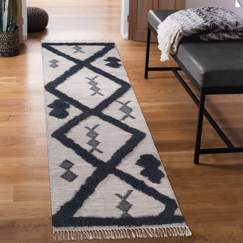 Superior Modern Farmhouse Trellis Handmade Wool Indoor Area Rug With Cotton Backing and Fringes - 2'6" X 10' - Charcoal