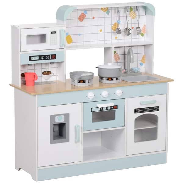 slide 2 of 9, Qaba Play Kitchen, Kids Kitchen Playset Pretend Play Cooking with Coffee Machine, Ice Maker, Stove, Gift for Ages 3+ Years Old 5-7 Years