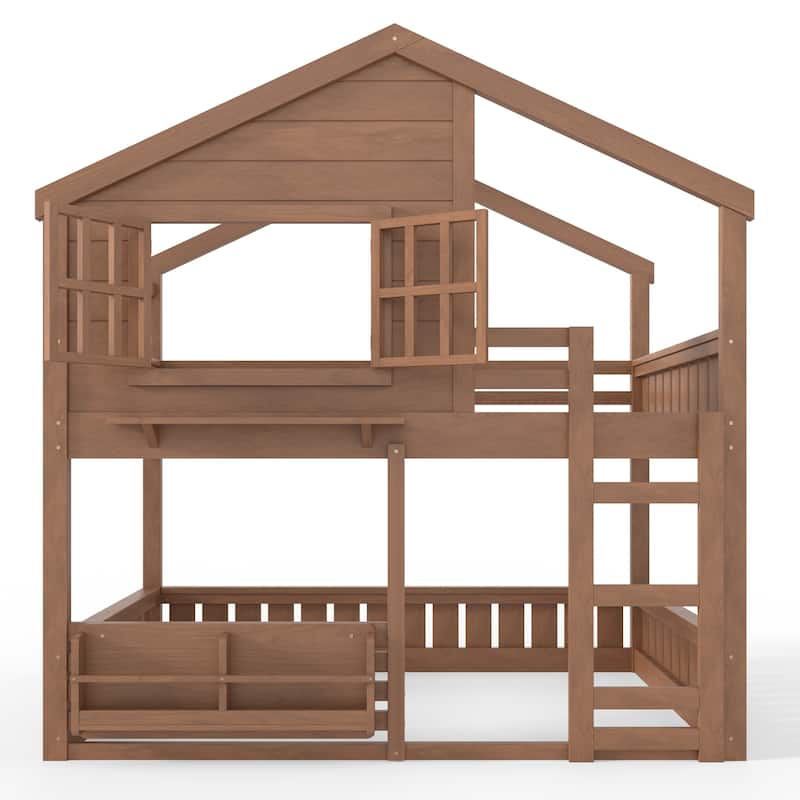 Full/Twin Bunk Bed with Bookshelf, House Design Loft Bed with Safety Fencing, High-Quality Kids Bed Frame