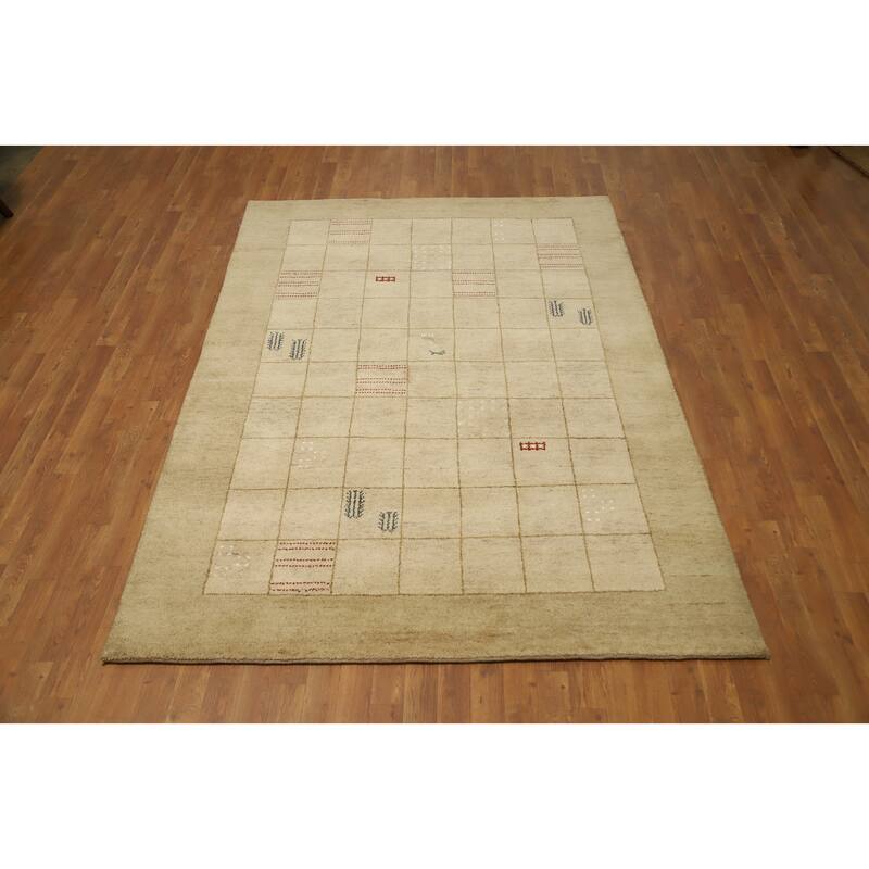 Hand Knotted Oriental 100% Wool Carpet Modern Geometric Beige & Ivories Gabbeh Area Rug - 7' 10'' X 5' 7''
