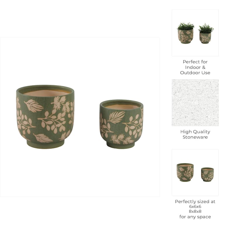 Stoneware Planters Botanical Detailing and Textured Design (Set of 2) - 8" x 8" x 8"