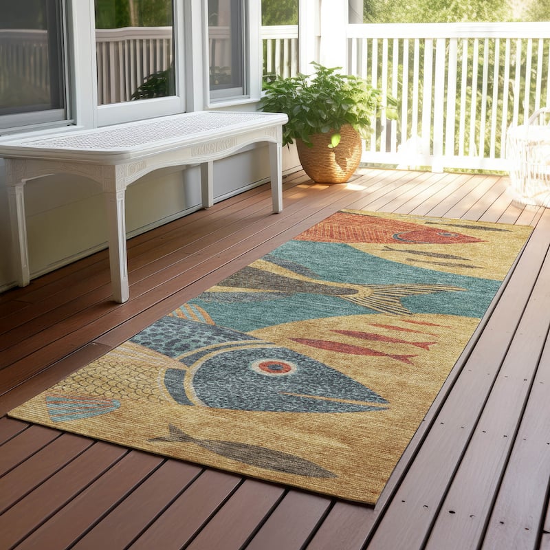 Machine Washable Indoor/ Outdoor Modern Fish Chantille Rug - Teal - 2'3" x 7'6"