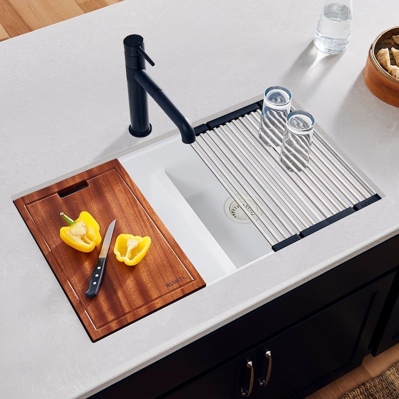 Ruvati 32-inch Undermount Workstation Granite Composite Quartz Kitchen Sink 50/50 Double Bowl - Arctic White - RVG2343WH