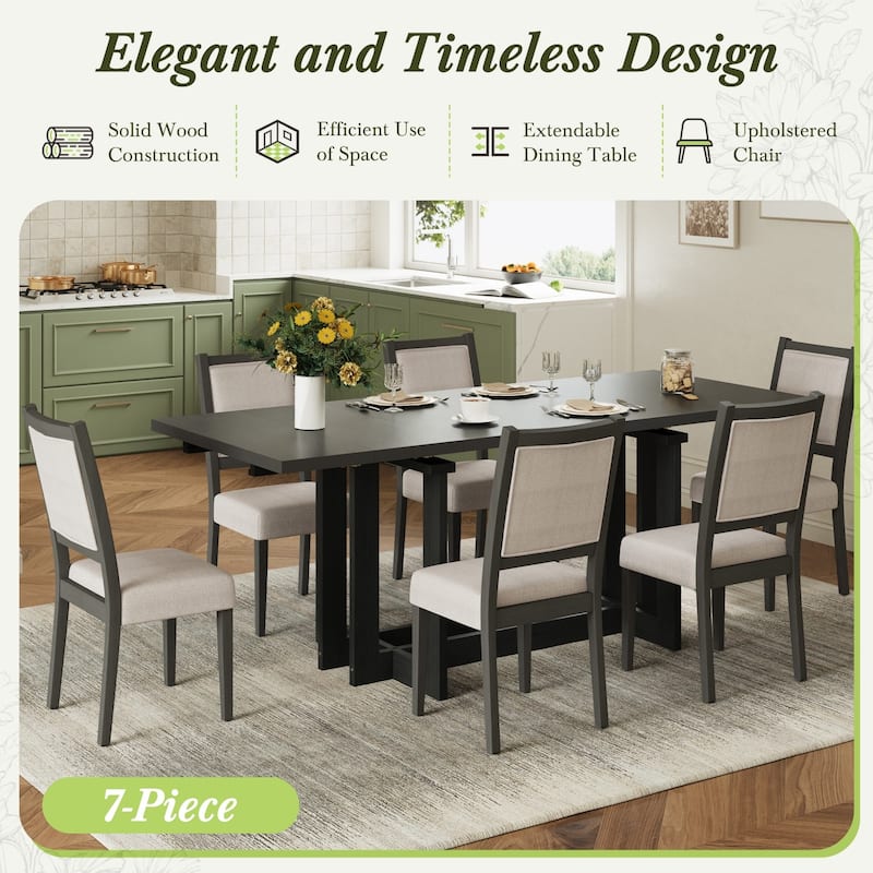 7-Piece Set, 58-82" Extendable Dining Table with 6 Upholstered Dining Chairs