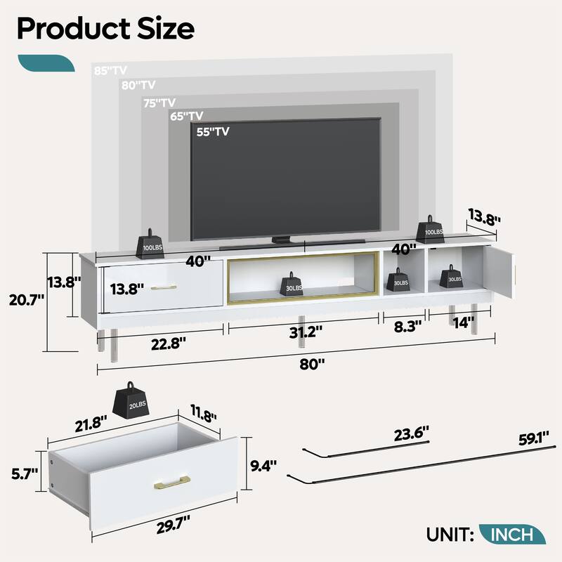 High Gloss LED TV Stands Modern Entertainment Center for 85" TV with Drawer - 80 inches