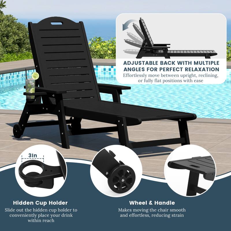 Brighton Outdoor Poly Reclining Chaise Lounge with Wheels & Cup Holder (Set of 2)