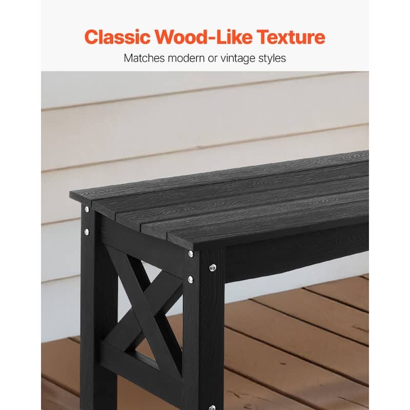 Black Plastic Backless Garden Bench with Cross-Leg Design for Comfortable 2-Person Seating - 44.5” x 15.7” x 17.1”