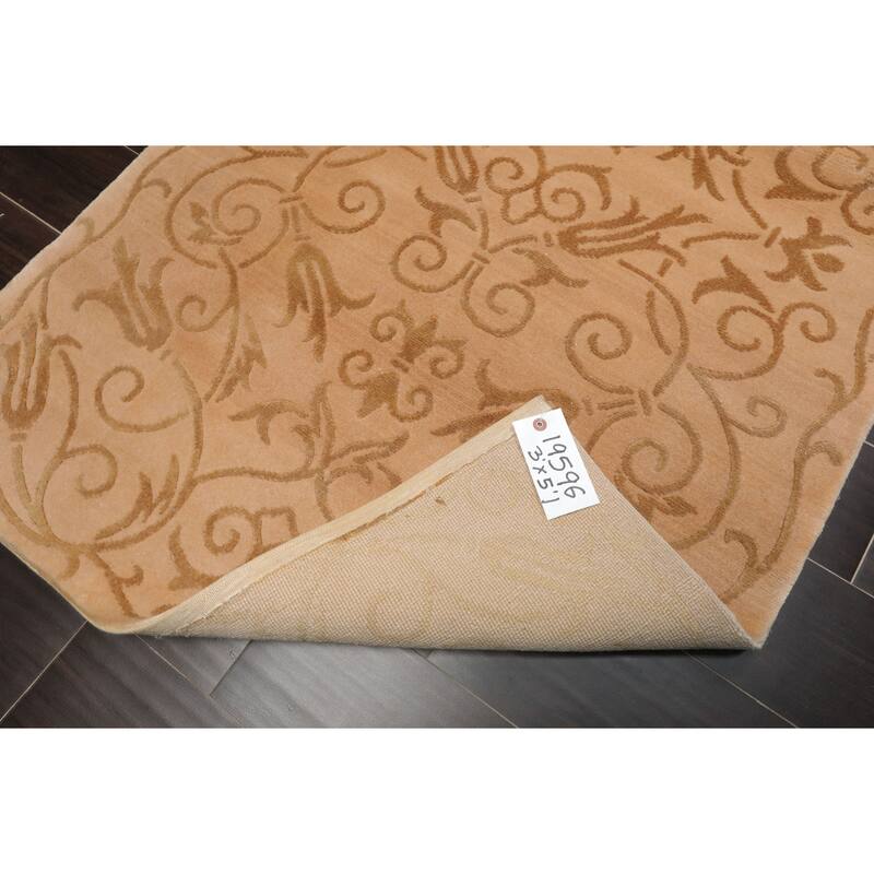 Wool & Silk Tan Tibetan Transitional Floral 3'x5'1'' Hand Knotted Rug - 3' x 5' 1''