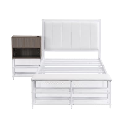 Metal Platform Bed with 2-Tier Storage Shelves & Wood Cabinet
