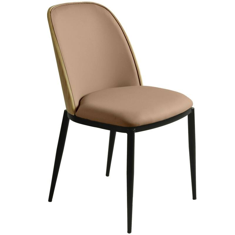 Dining Chair with Upholstered Seat and Back Side Chair with MDF Wood Frame in Black Steel - Natural Wood/Brown