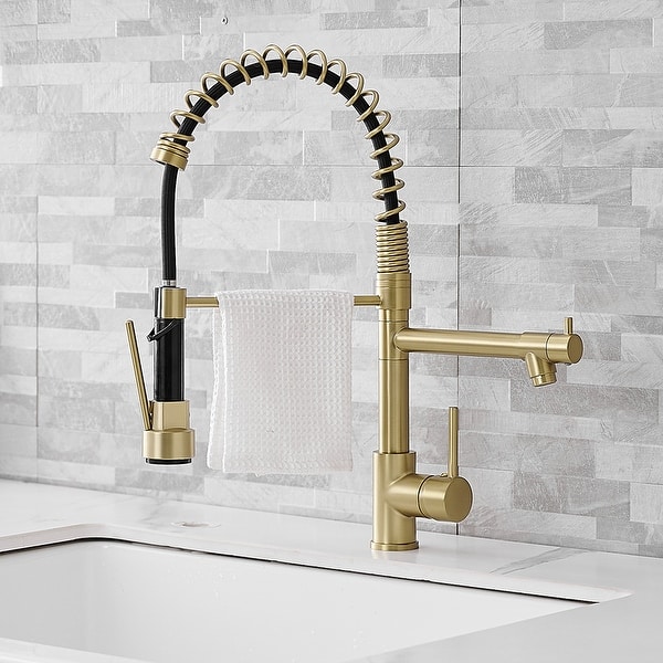 Single Handle Double Spouts Brushed Gold Pull Down Kitchen Faucet On