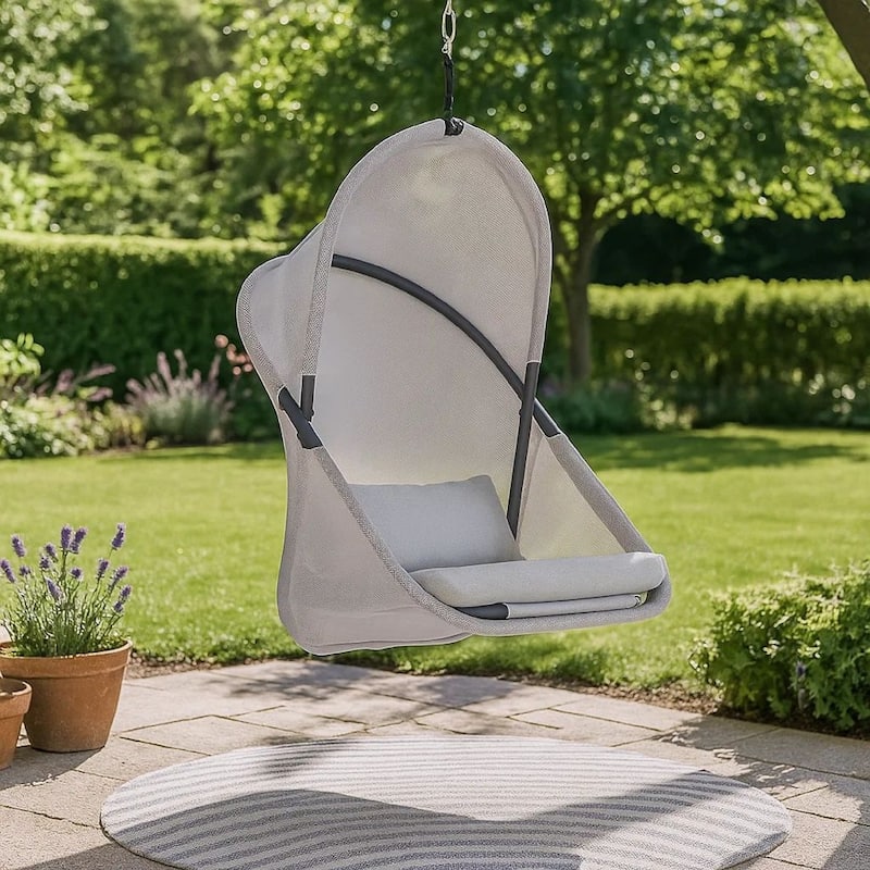 Cery Outdoor Hanging Swing Chair, Cushioned Light Gray Mesh