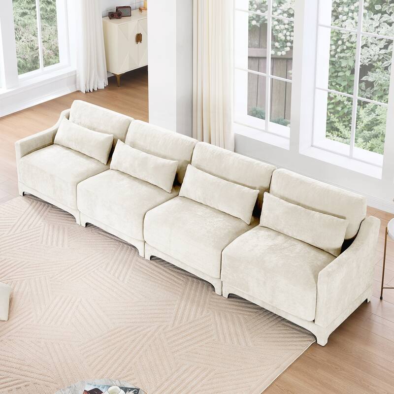 Four seater chenille sofa with lumbar pillow