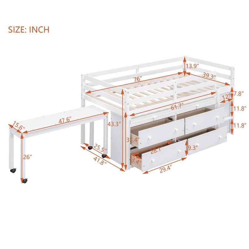 Twin Size Loft Bed with Retractable Writing Desk and 4 Drawers, Wooden Loft Bed with Lateral Portable Desk and Shelves