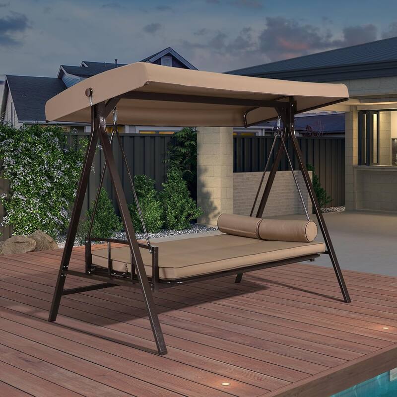 PURPLE LEAF 3-seat Outdoor Patio Porch Swing Adjustable Backrest, Cushions and Pillow Included - N/A - Beige