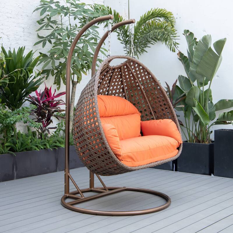 LeisureMod Mendoza Dark Brown 2 Seater Wicker Patio Hanging Double Swing Chair for Patio Porch Backyard Garden - 53"