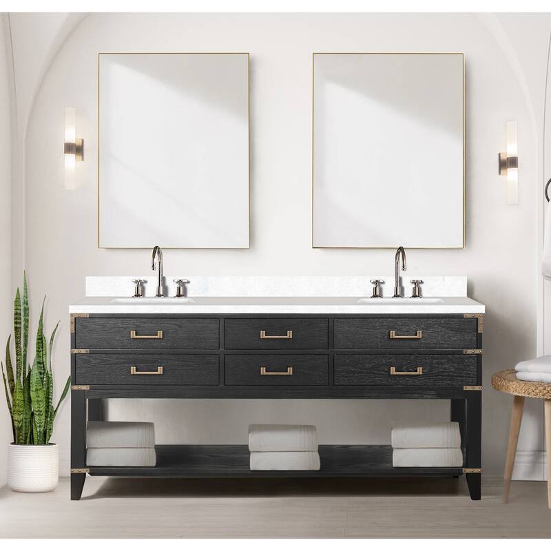 Norwalk 60 in W x 22 in D Black Oak Double Bath Vanity, White Quartz Top, and 28 in Mirrors