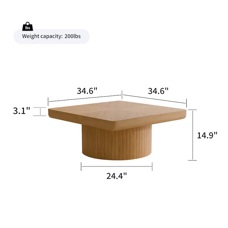 34.6" Square Coffee Table for Living Room, Modern Wood Veneer Top with Parquet Pattern & Cylindrical Base