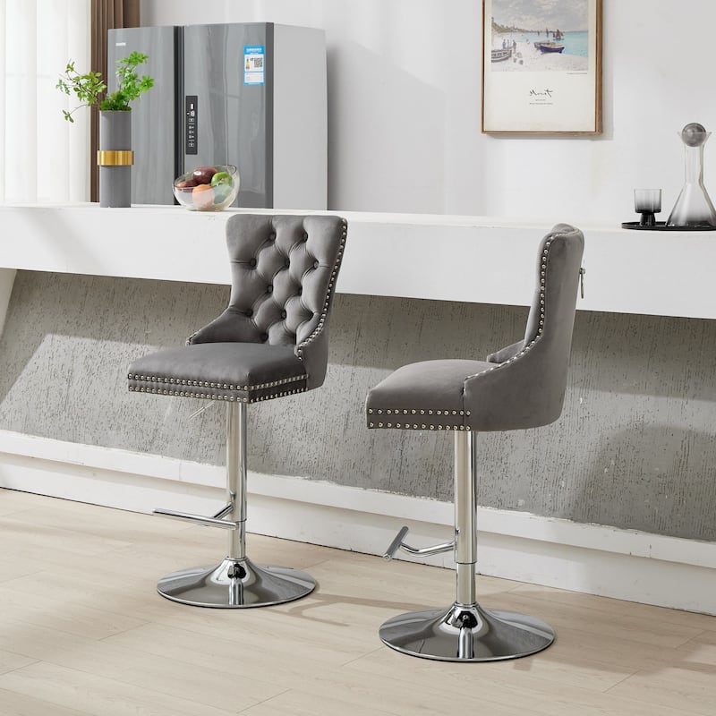 Adjustable Swivel Bar Stools Set of 2, Velvet Tufted Counter Height Bar Stools, Bar Chairs with Nailheads Trim & Back