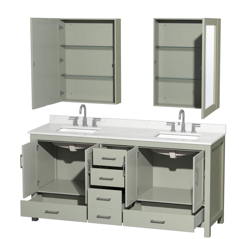 Sheffield 72-inch Double Vanity, 3 Hole Quartz Top, Med Cabinets